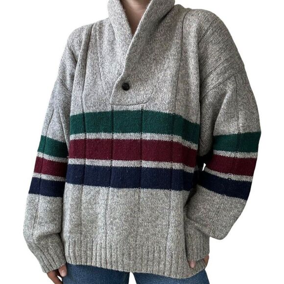 Vintage 1990s Eddie Bauer Mens Striped Wool Cowl Neck Chunky Sweater XL - Picture 1 of 7